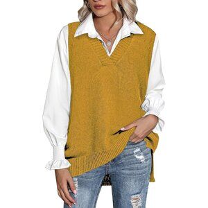 Women Yellow Sweater Vest Sleeveless V Neck Oversized Knitted Pullover Fall 2025
